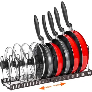 Expandable Pot Rack Organizer, Pot and Pan Organizer for Cabinet, Pot Lid Organizer Holder with 10 Adjustable Compartments for Kitchen Cabinet Cookware Baking Frying Rack, Bronze