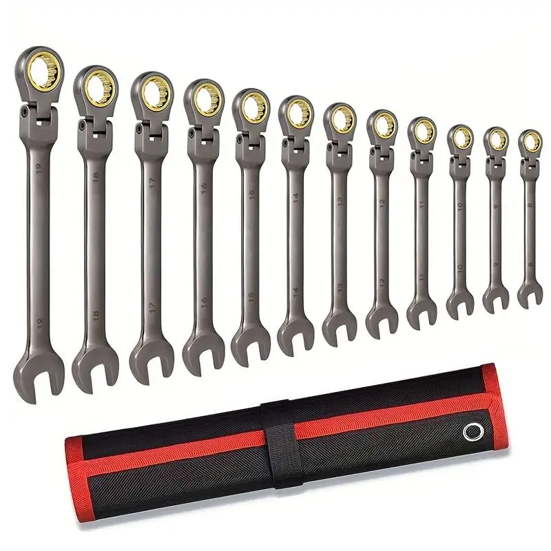 Flex-head Ratcheting Wrench Tool, Line Wrenches, Cool Tools for Mechanics, 72-teeth Ratcheting Wrench Tool Set, Nickel Plated Wrench Set with Organize