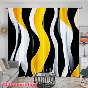 2D Flat 2Pcs Abstract Wave Curtains, Black White Yellow Striped Modern Art Decor Drapes for Living Room, Bedroom, Balcony, Study, Home Window Decoration, Home Decorative Curtain, Home Textile, Accessory, Anti-Privacy.