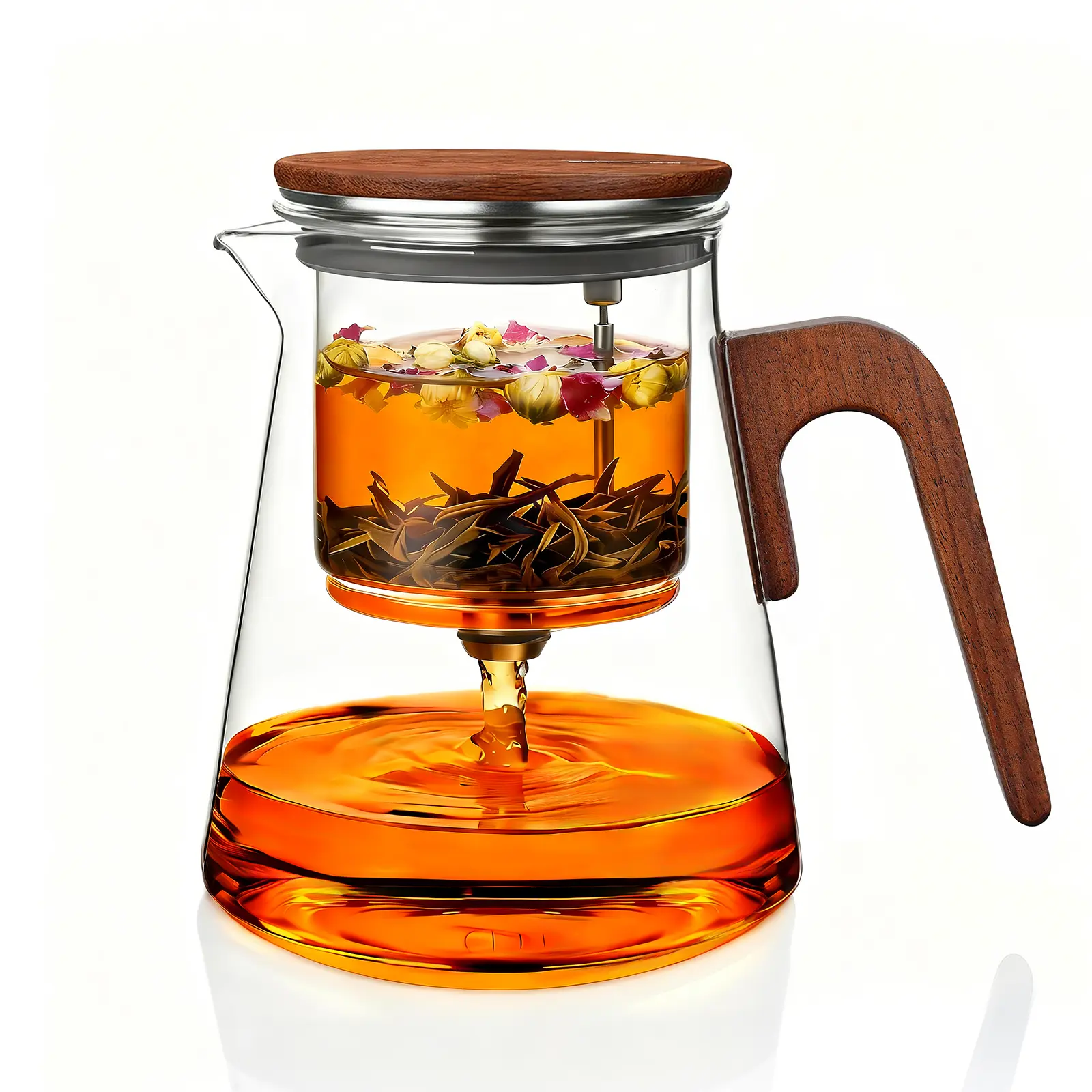 ZENS Magnetic Tea Pot, Enchanted Glass Teapot with Infuser and Magnetic Suction Lid for Mess-Free Loose Tea Diffusers, Walnut Wood Handle, Tea Lovers Gifts-27oz