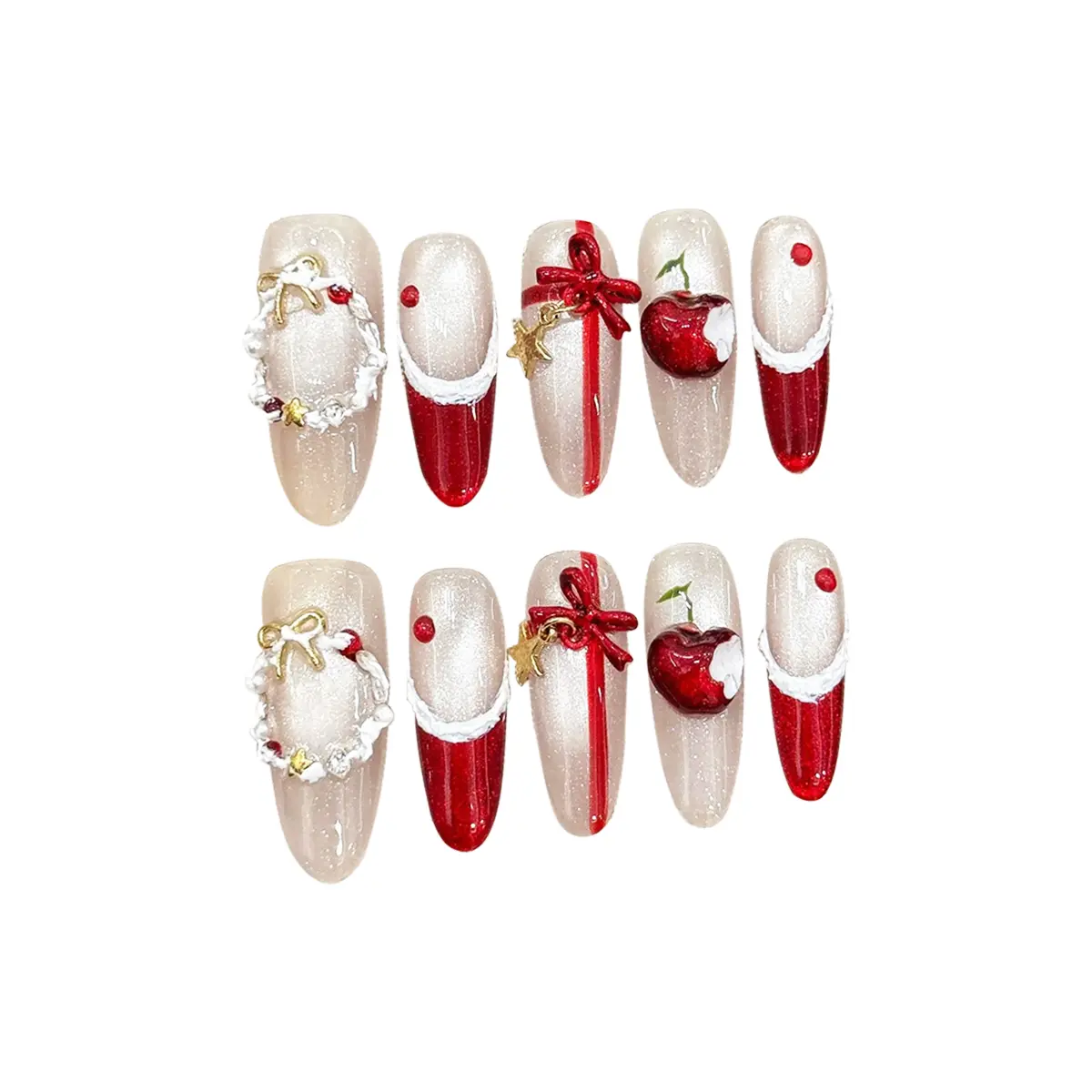 Christmas Long Stiletto Press On Nails Wreath Cherry & Gift Box Designs 10PCS Handmade Reusable Acrylic Fake Nails For Festive Holiday Style Gel, Handmade Wearable Nails