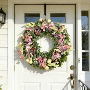 Country Farmhouse Style Spring Wreath, Light Flowers with Cream Peonies and Lavender, All-Season Home & Entryway Decoration