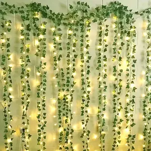 1Set Vine Hanging Garland String Light Artificial Lvy Plants Fake Vines Decorative Lights For Bedroom Wedding Party Garden Wall Room Home Decor(12 Packs Artificial Lvy Plants With 200 LED Curtain Light )Or 1pc 20LED Copper Wire Ivy Light,2 Style For Choos