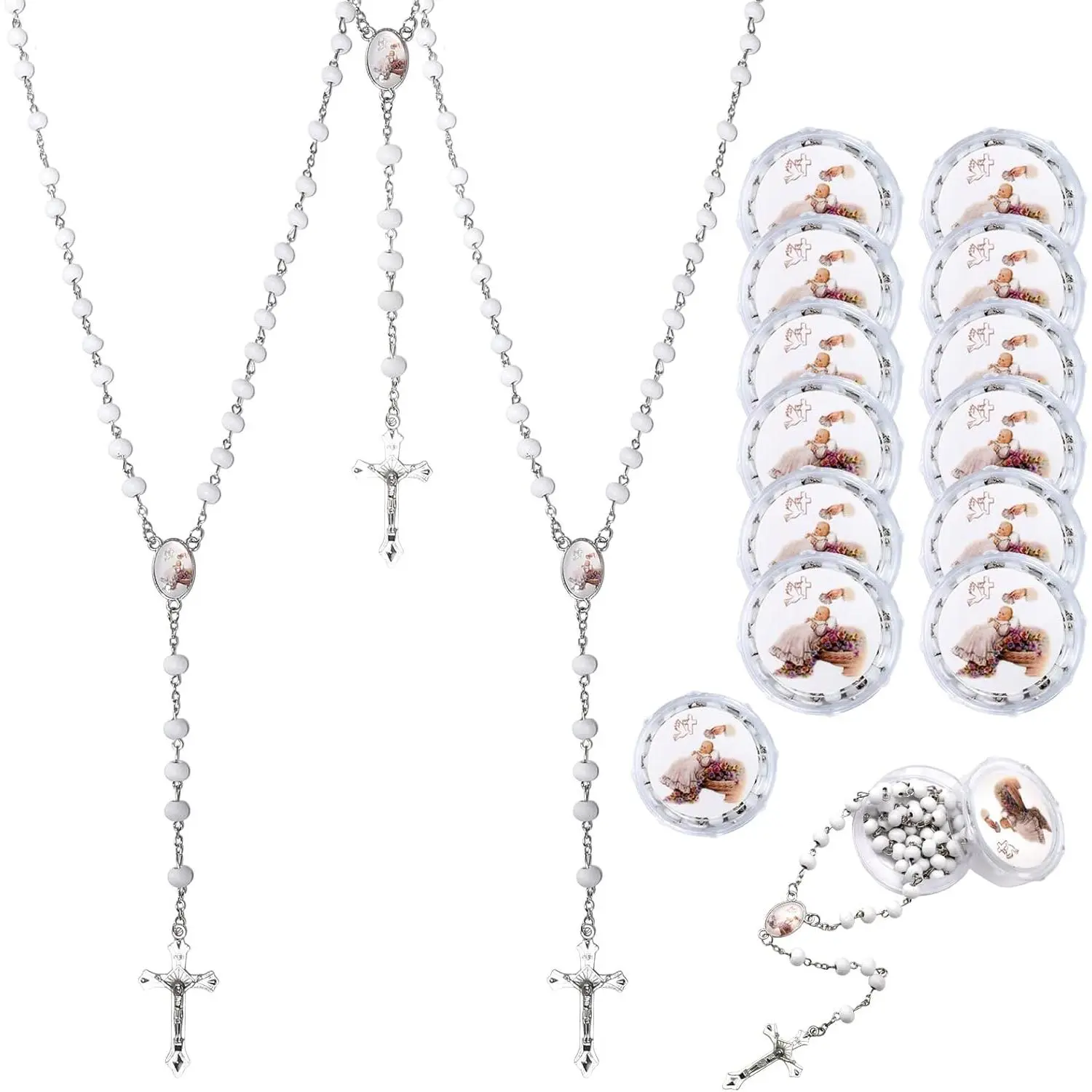 12-Pack Handcrafted Christian White Bead Scented Wood Rosaries with Guardian Baby Angel, Bulk Box Religious Decorations, Baptism Gifts for Kids, Hand