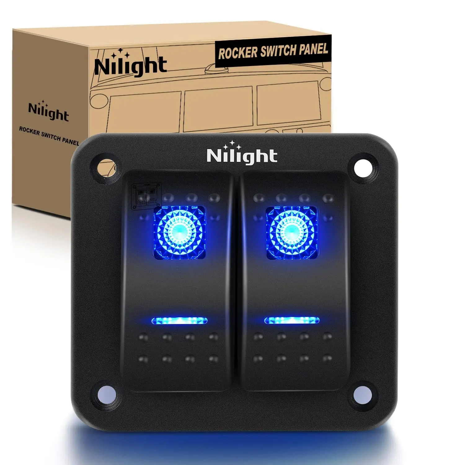 Nilight 90106B Pre-Wired 1x 2-Gang 5-Pin On-Off Rocker Switch Panel with Screw, Waterproof Aluminum Construction, 12V/24V DC for Cars, Yachts, Ships, 2-Year Warranty, Blue