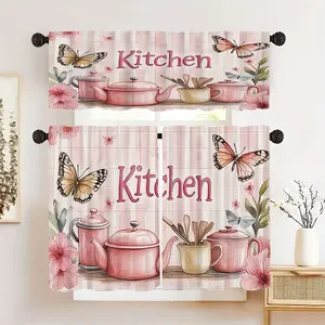 SoftHaven 3-Piece 2D Flat Print Kitchen Curtain Set - Made in USA, Tableware & Letter Pattern, Rod Pocket Valance & Tier, Premium Polyester, Stylish Window Decor for Cafe, Living Room