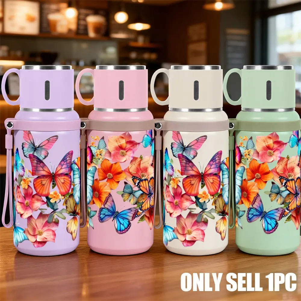 1pc 20oz Stainless Steel Leakproof Tumbler with Colorful Butterfly and Flowers Print, Large-Capacity Durable Insulated Suitable for Sports, Fitness, Outdoor Travel and Hiking, Ideal for Gifting to Friends, Insulated Drinkware