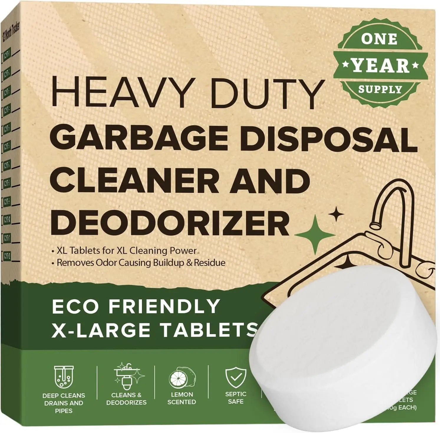 Garbage Disposal Cleaner and Deodorizer Tablets Drain Freshener, Foaming Citrus Scent, Sink Odor Remover for Kitchen Garbage Disposer Cleaning (12 XL Tablets - One Year )