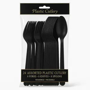 Jet Black Assorted Plastic Cutlery Set - 24 Pieces - 7.5 in.