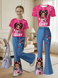 Kids Girls Pink & Blue Color Block Double Bun Cool Girl "BE JUICY" Print Short Sleeve Flare Pants 2 Piece Set Trendy & Stylish Children's Outfit