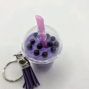 Plastic Grape-Blueberry Shake Keychain with Purple Tassel Charm, Pink Straw Design