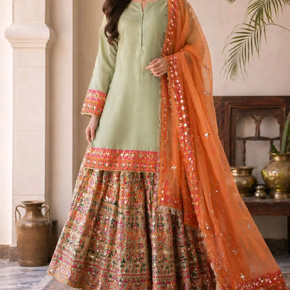 HEAVY Mirror Lehenga Sharara Gharara in Every Size with Embroidered Details and Vibrant Colors (No Return/No Exchange Due to Hygiene & Customer Safety Requirements)
