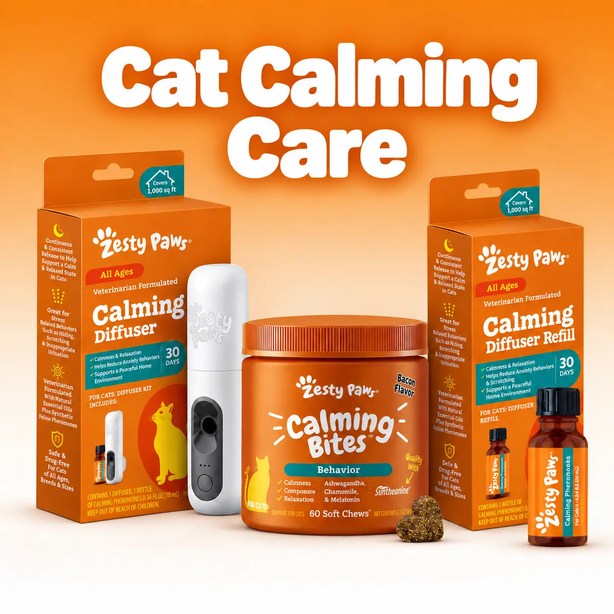 Zesty Paws Cat Calming Care Bundle – 60 Calming Bites + Diffuser Kit + Refill