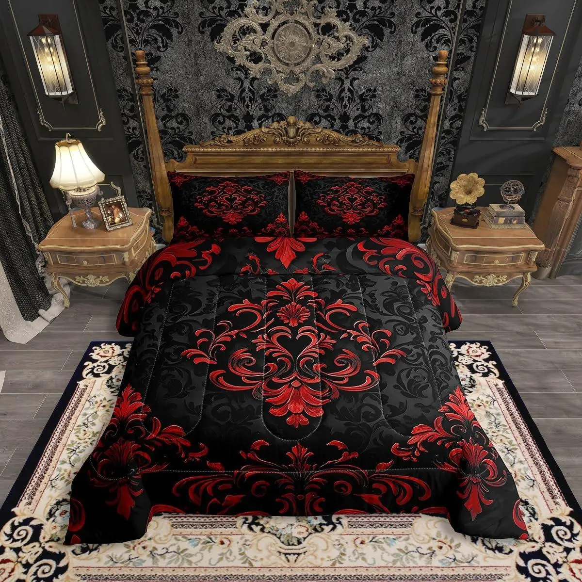 Feelyou Boho Gothic Moody Floral Bedding Comforter Set - Bicolored Anti-Stain Duvets & Sets, Black-Red Breathable Microfiber Digital Print, Vintage Damask Victorian Baroque Design, Machine Washable, Queen/King Sizes Available