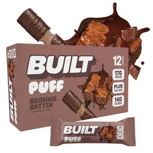Official BUILT Bar, Puff Protein Bar Snacks, Brownie Batter Puff, 17g Protein, 140 calories, Collagen, Gluten Free, 12 Count Box