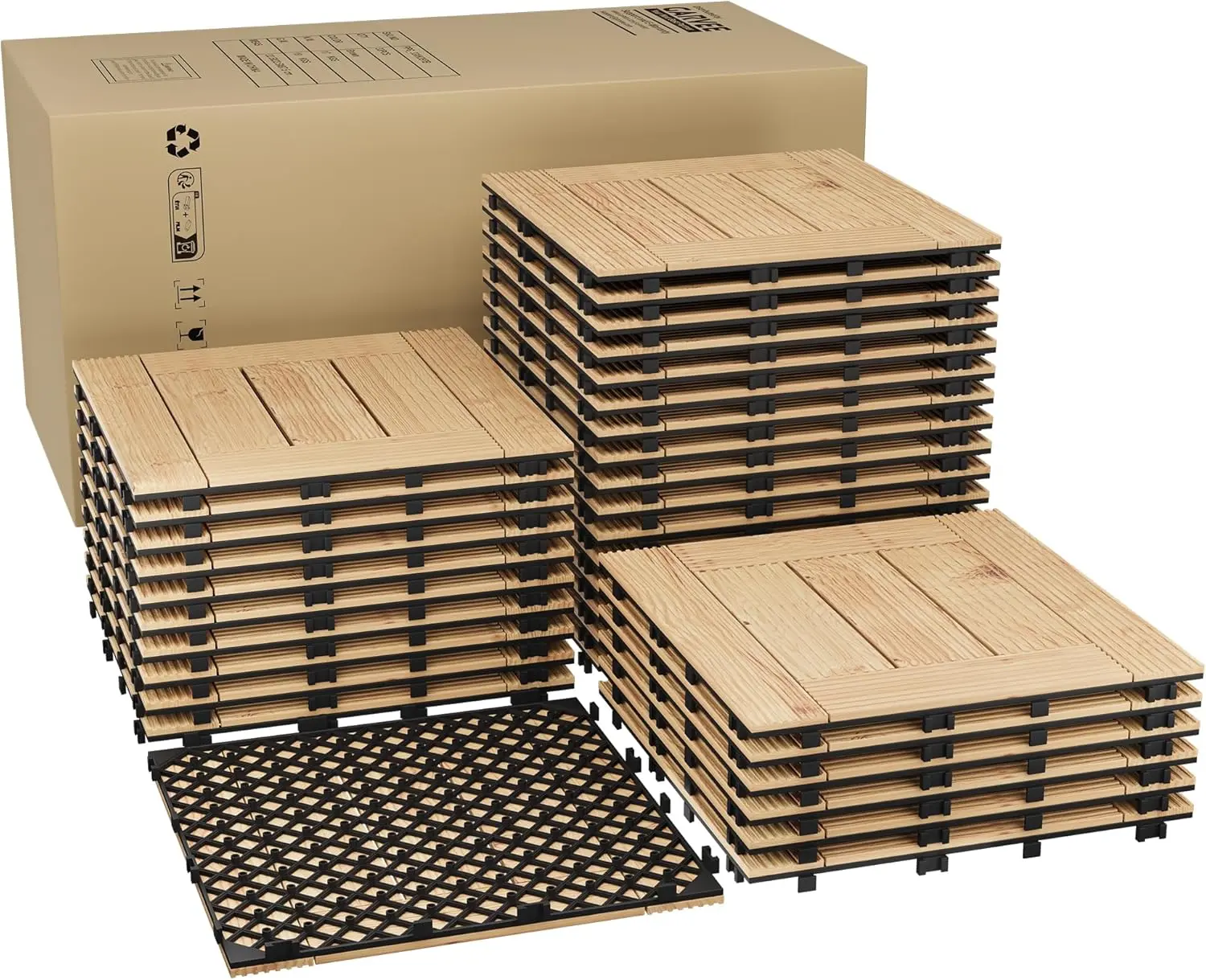 Gaomon 33 PCS Sturdy Eco-Friendly Windproof Solid Acacia Wood Interlocking Patio Deck Tiles - 12"x12" Natural Oak Textured Surface Open Grid Structure Waterproof Indoor Outdoor Patio Floor, Poolside Garden Use, Assembly Required