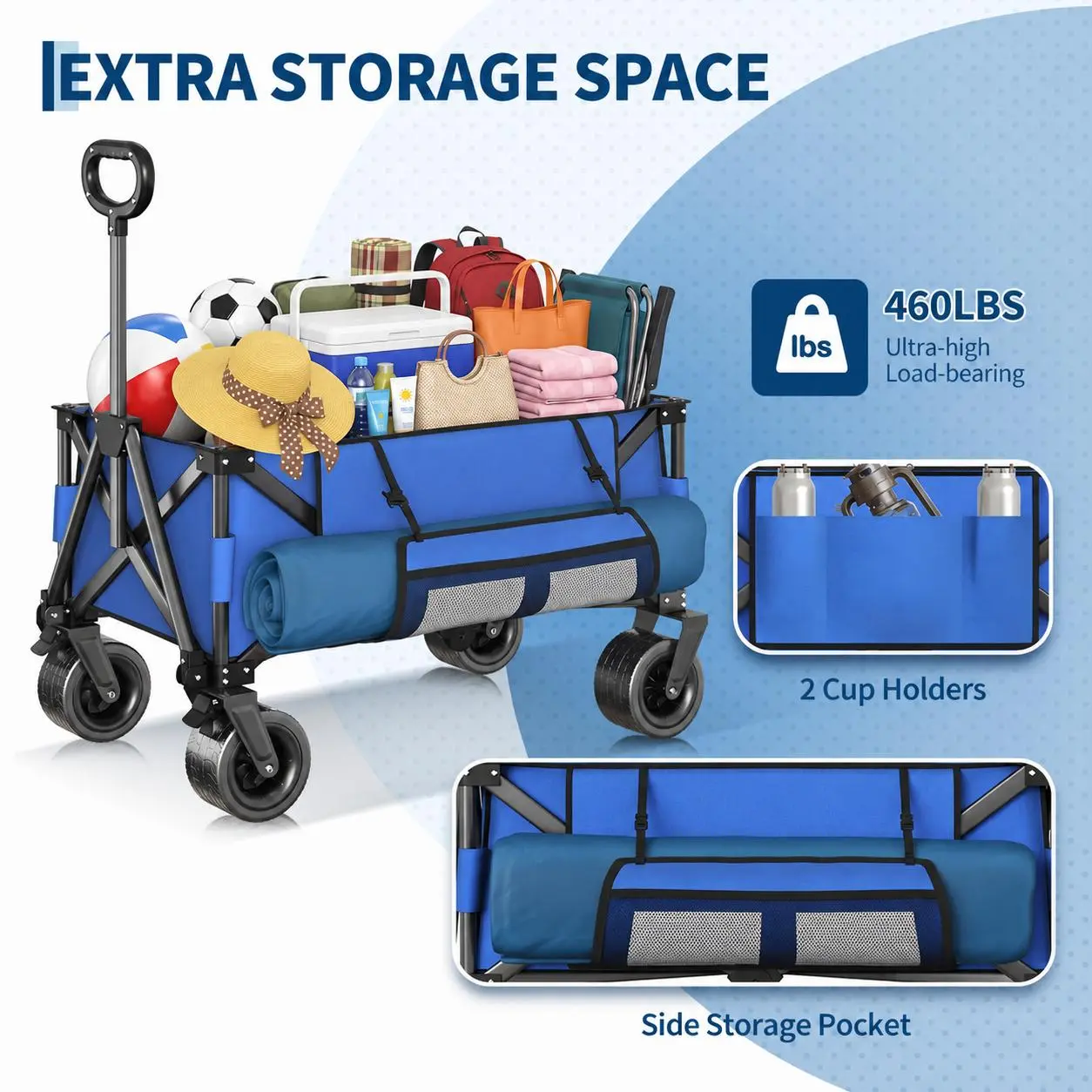 Foldable Garden Cart, 600D Oxford Cloth Camping Utility Trolley - 8-Inch All-Terrain Wheels, 460lbs Load Water-Resistant Steel Frame - Easy Storage and Transport