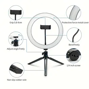 10-Inch Handheld Desktop LED Ring Light for Smartphones, Smartphone-Mounted Selfie Accessory with Adjustable Tri-Color Temperature, Metal Grip, Rubber Padding, Protection-Focused Tech for Short Video Photography & Selfies, Smartphone-Mounted Selfie Access