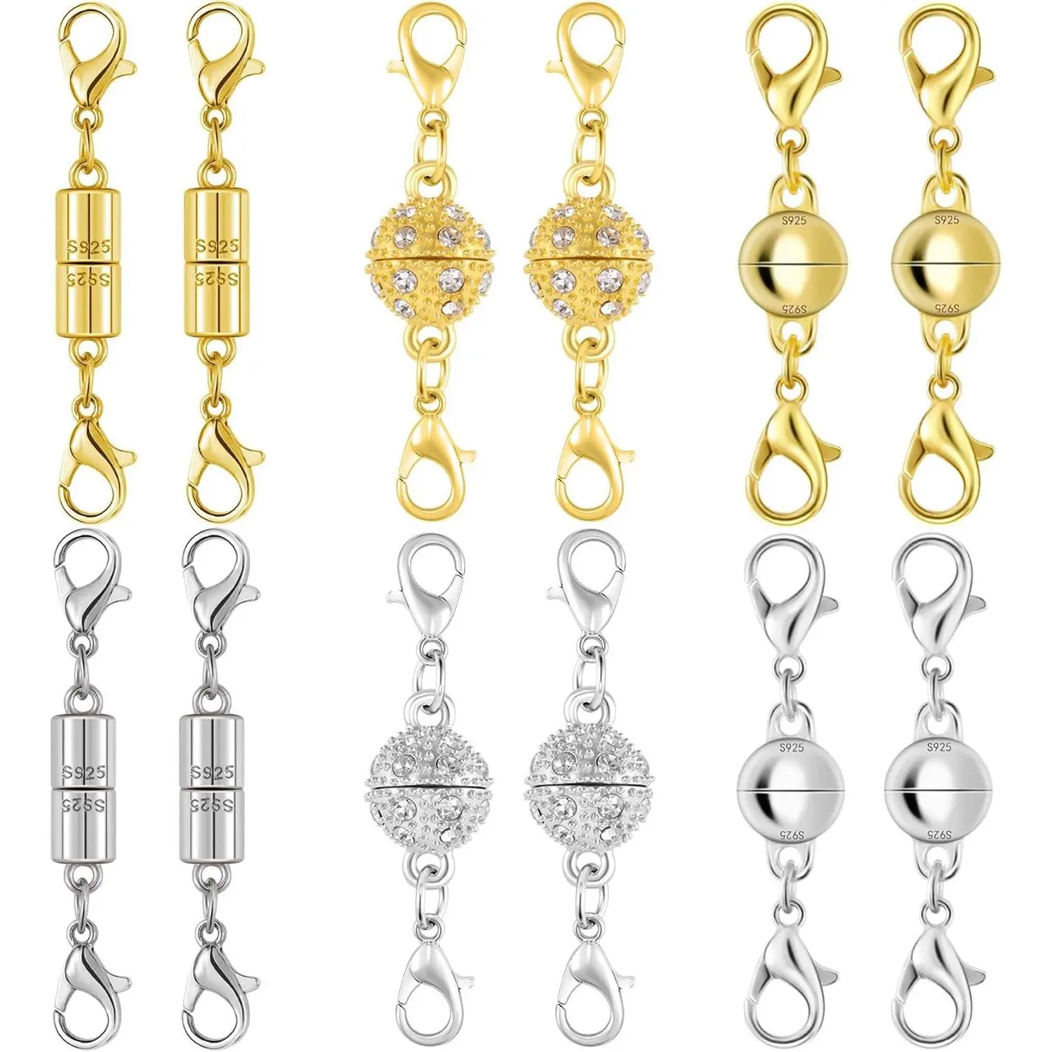 12-Piece Dual Tone Golden-Silvery Magnetic Beads Clasps, Crystal Beaded Ball Connectors with Gold Tone Clasp Lobster Closures, Quick Repair Tool for DIY Beading Jewelry Making Supplies