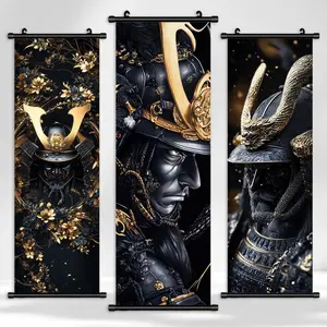 Samurai Pattern Canvas Wall Banner, 3 Counts/set Exquisite Decorative Character Poster, Character Art Decoration, Living Room Decor, Office, Bedroom Decoration, Ornaments, Detailed Samurai Imagery, Artistic