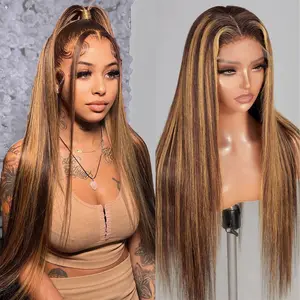 Highlight Ombre Lace Front Wig Human Hair 13x4 Straight 4/27 Honey Blonde HD Lace Front Wig Pre Plucked 180% Density Colored Lace Front Wigs for Women