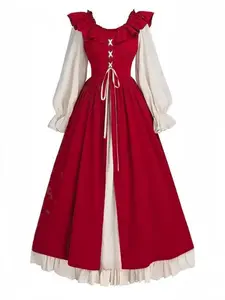 Vintage Patchwork Belted Dress, Colorblock Round Neck with Ruffle Hem, Sweet, Feminine and Elegant Lantern Sleeve, Waist Cinching Design, Women