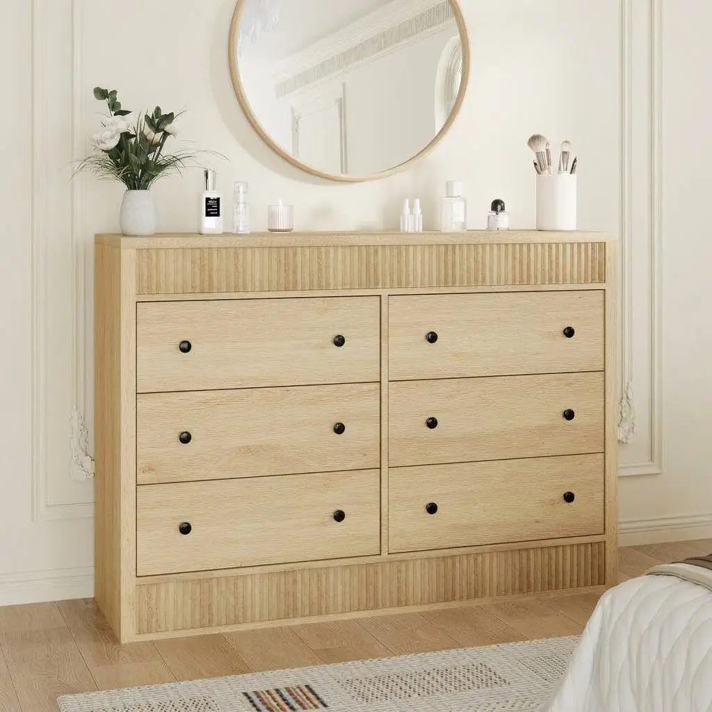Garvee 6 Drawer Dresser for Bedroom, Wooden Fluted Chest of Drawers, Modern Oak Storage Organizer for Living Room, Hallway, Entryway, Natural Oak