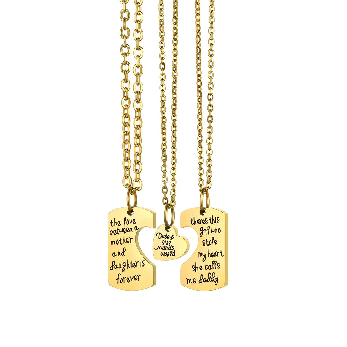 OIDEA 3-Piece Family Matching Engraved Heart Puzzle Necklaces - Stainless Steel Pendant Chain Exquisite Jewelry Gift, Multi-Piece Necklaces for Family Milestones (Dads, Moms), Engraved Heart-Shaped Necklaces