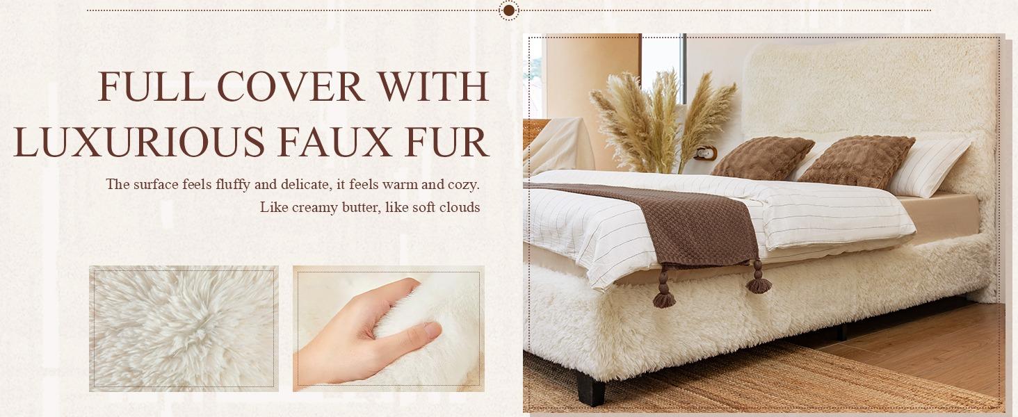 Yechen Bed Frame with Tall Headboard, Round Deluxe Soft Faux Fur Bedframe, Boho Boucle Cloud Upholstered Plush Bed with Metal Frame and Wood Slats, No Box Spring Required, Easy Assembly, (Beige, Grey) (Twin, Full, Queen)