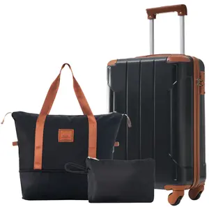 Luggage Set, Suitcase Set 3 Piece Carry On Hardside Luggage with TSA Lock Spinner Wheels, Luggage Sets 20 Inch Carry on Suitcase ABS Hardshell Luggage 3 Piece Set with TSA Lock Spinner Wheels, Black, Personal Item Luggage, Duffle Weekender