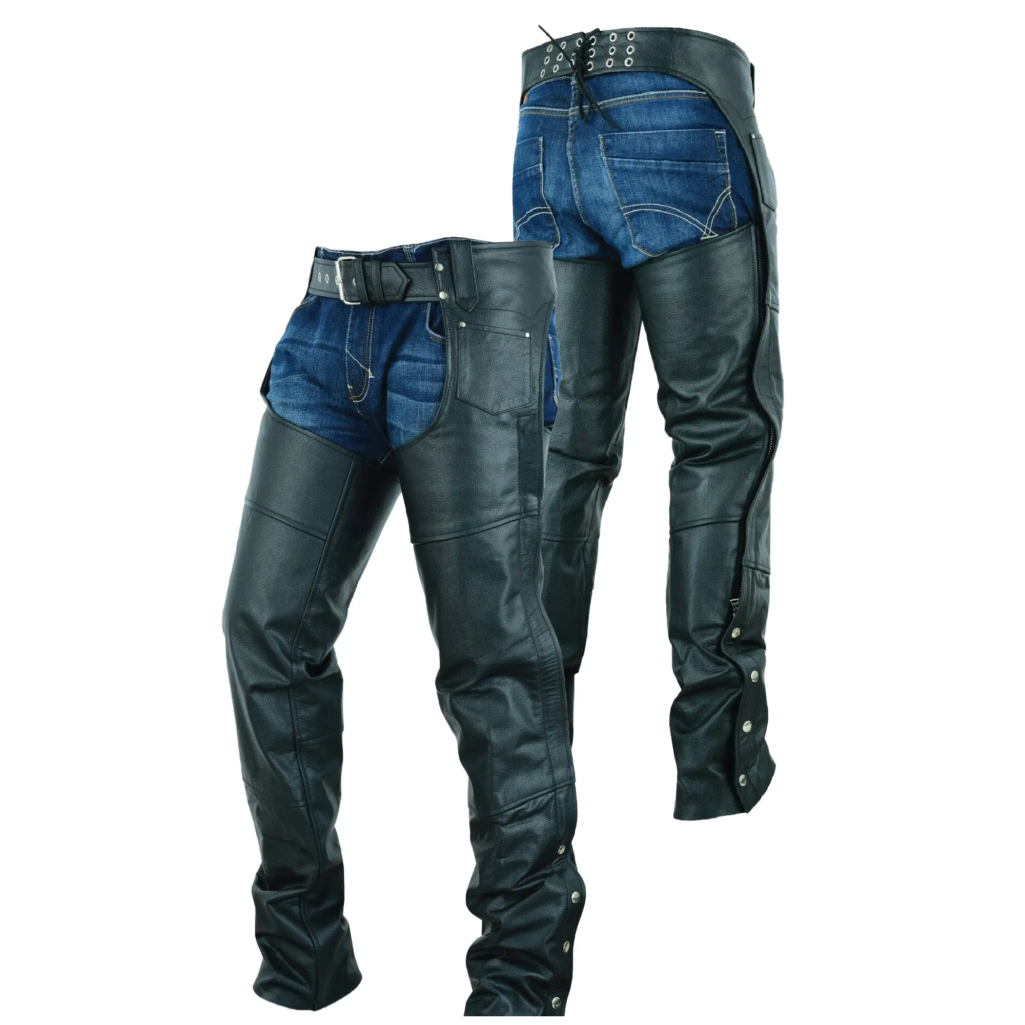 HIGHWAY LEATHER Men's Traditional Mid Waist Boot Cut Ankle Length Leather Lined Adjustable Waist Belt Motorcycle Chaps - Adult All Seasons Motorcycle Outerwear, Black, SKU#HL12800SPT