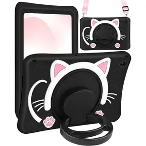 for Samsung Galaxy Tab A9 Plus Case 11" Girls Cute Black Cat Cover Kawaii Girly 3D Cartoon Women Kitten with Rotating Handle Stand & Strap Soft Silicon Funda for Samsung A9 Plus Tablet Case
