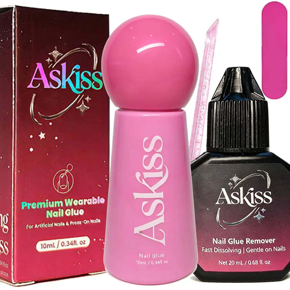 ASKISS Press On Nail Glue and Remover Set, 14+ Day Strong Hold Brush-on Glue with Gentle Vitamin-E Debonder, No UV Lamp Needed DIY Manicure Kit for Acrylics (10ml+20ml), Nail Care, Nail Glue Strong Hold
