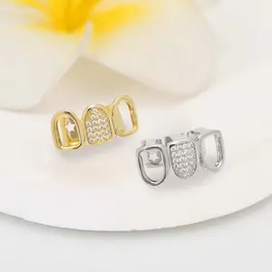 Unisex Copper Grillz 4pcs Multi-Pack - 2pcs Golden + 2pcs Silvery, Solid Cubic & Hollow 3-Prong Designs, Hip-Hop Body Jewelry, Halloween Costume Decorations, 4Pcs Golden 2Pcs+Silvery 2Pcs