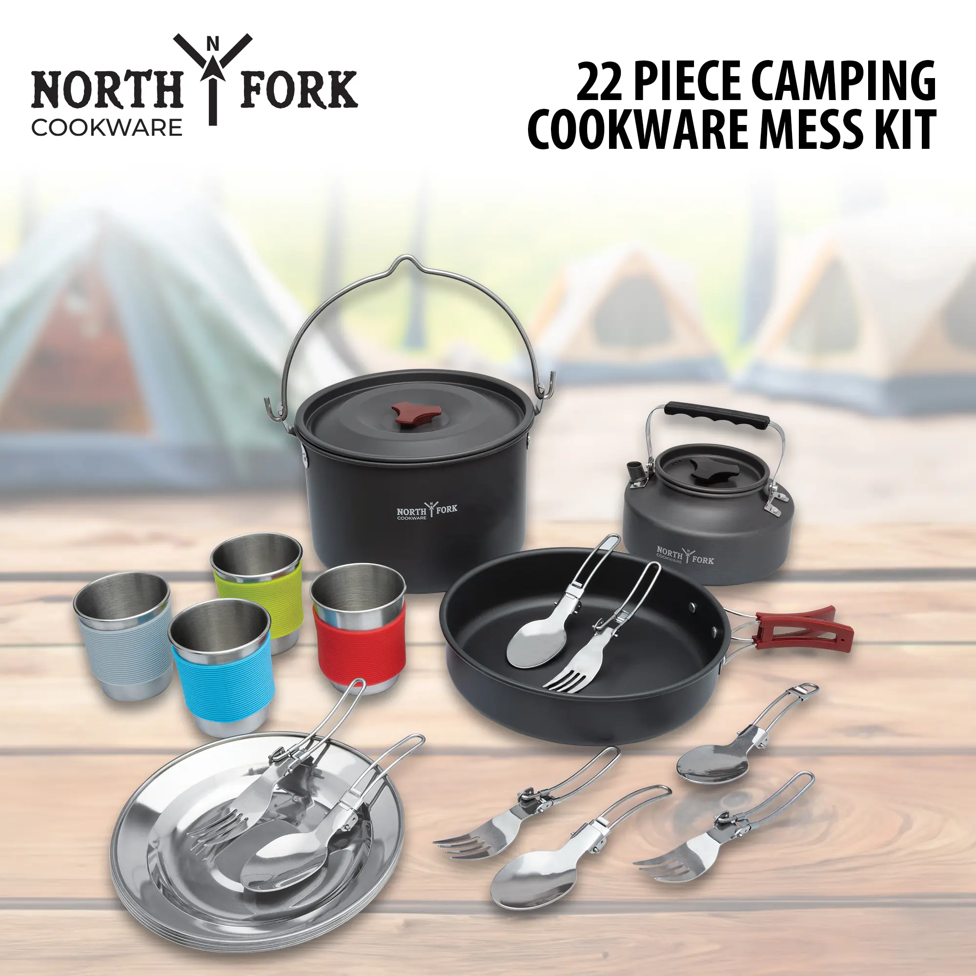 North Fork Camping Cookware Mess Kit - 22 Pieces - 4 Person Table Set