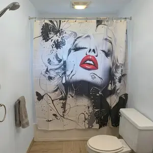 1/4pcs Marilyn Monroe Black & White Printed Shower Curtain Set 4 Piece with Toilet Lid Cover & 2 Bath Mats, Red Lips & Eyes Closed Portrait, Black Butterflies, Perfect for Retro Hollywood Themed Bathroom Decor, Bathroom Decoration Accessories