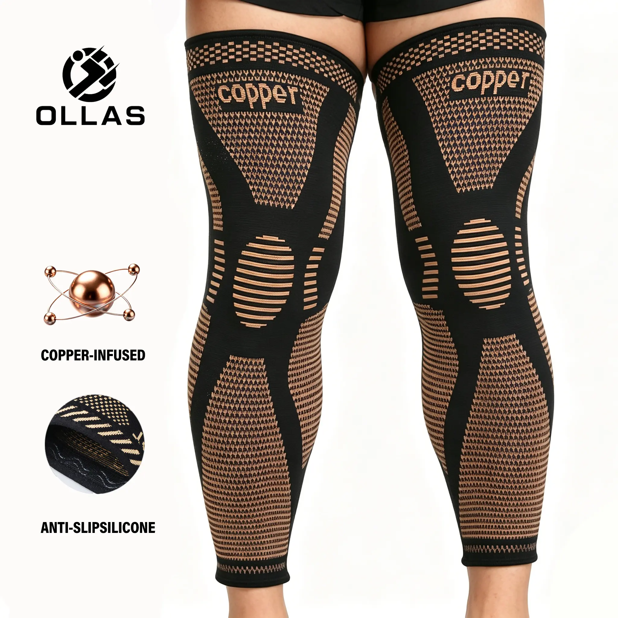 Ollas 1pc Copper Ions Long Warmth Knee Brace with Anti-Slip Straps - Compression Support for 99.21-198.42LB, //, Breathable Mesh Design, Sleek for sports Brace for Men & Women
