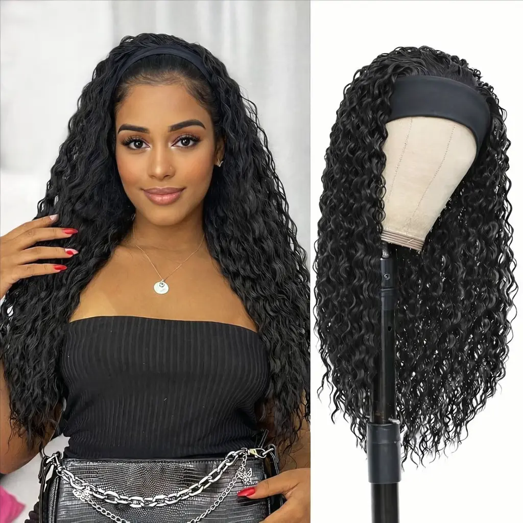 22-24 Inch Curly Headband Wig for Women, 180% Density Water Wave Black Synthetic Hair, Glueless Wet and Wavy Half Wig with Attached Headband, Curly Hair Wigs, Fashion Fluffy Wigs