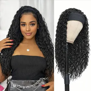 22-24 Inch Curly Headband Wig for Women, 180% Density Water Wave Black Synthetic Hair, Glueless Wet and Wavy Half Wig with Attached Headband