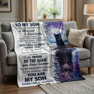 To My Son Black Wolf Blanket - "I Will Always Carry You In My Heart" Emotional Mom Gift Sons Gifts from Moms, Birthday Gift for Sons - Soft Flannel Throw Blankets  father son blanket