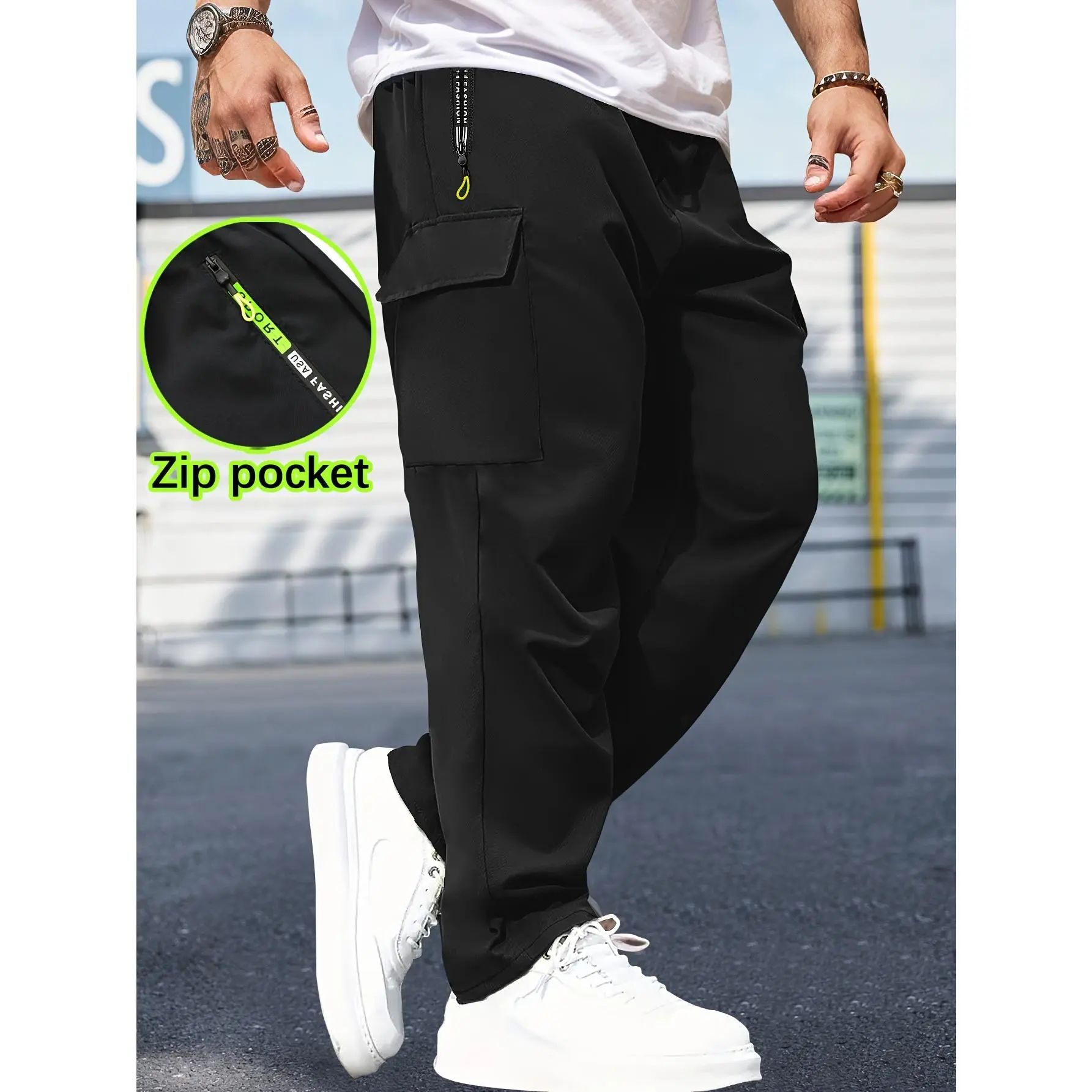 Men's spring/fall outdoor work pants featuring zippered pockets, a drawstring waist, and a straight-leg cut—ideal for casual jogging and other active pursuits