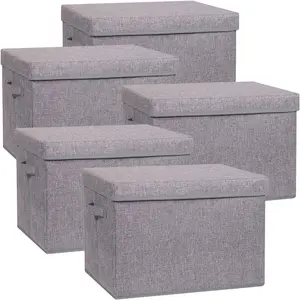 5 Pack Large Foldable Storage Box with Lids Fabric Storage Cube Organizer Cloth Containers Bins Baskets for Closet Clothes Clothing Bed Room