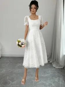 Elegant Women's Dress, Pure Color Mesh Embroidered Short Sleeve, Stylish Lady Clothing, Perfect for Special Occasions, Formal Wear