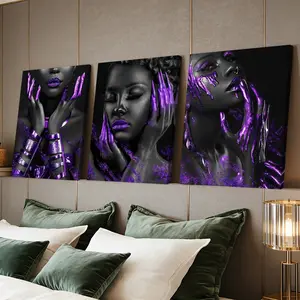 3 Counts Wooden Framed Canvas Painting, Purple Metallic Body Art Images, Exquisite Artistic Poster, Perfect Living Room Decoration, Modern Art, Fashion Family Poster, Wall Art Decoration, Waterproof Art