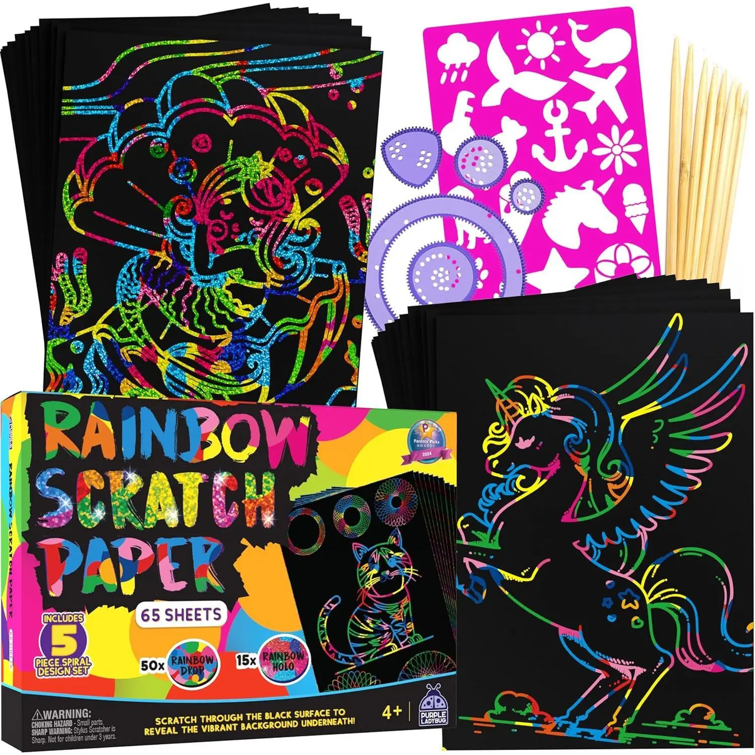 SQ-HDJ017 Rainbow Scratch Art Paper, 79 PCS Creative Drawing Paper & Stencils - Arts and Crafts for Ages 4-12, Kids Craft Activity Set for Summer, Wedding, Travel, Birthday Party Games, Camping