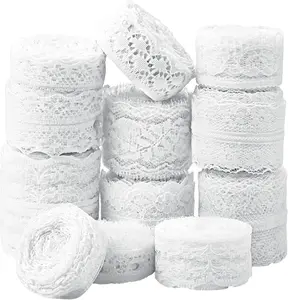 12 Rolls of White Lace Ribbon with Assorted Crochet & Sewing Patterns - Vintage Floral Designs, Ideal for DIY, Gift Wrapping, Scrapbooking & Decor for Bridal Showers & Weddings 60 Yards