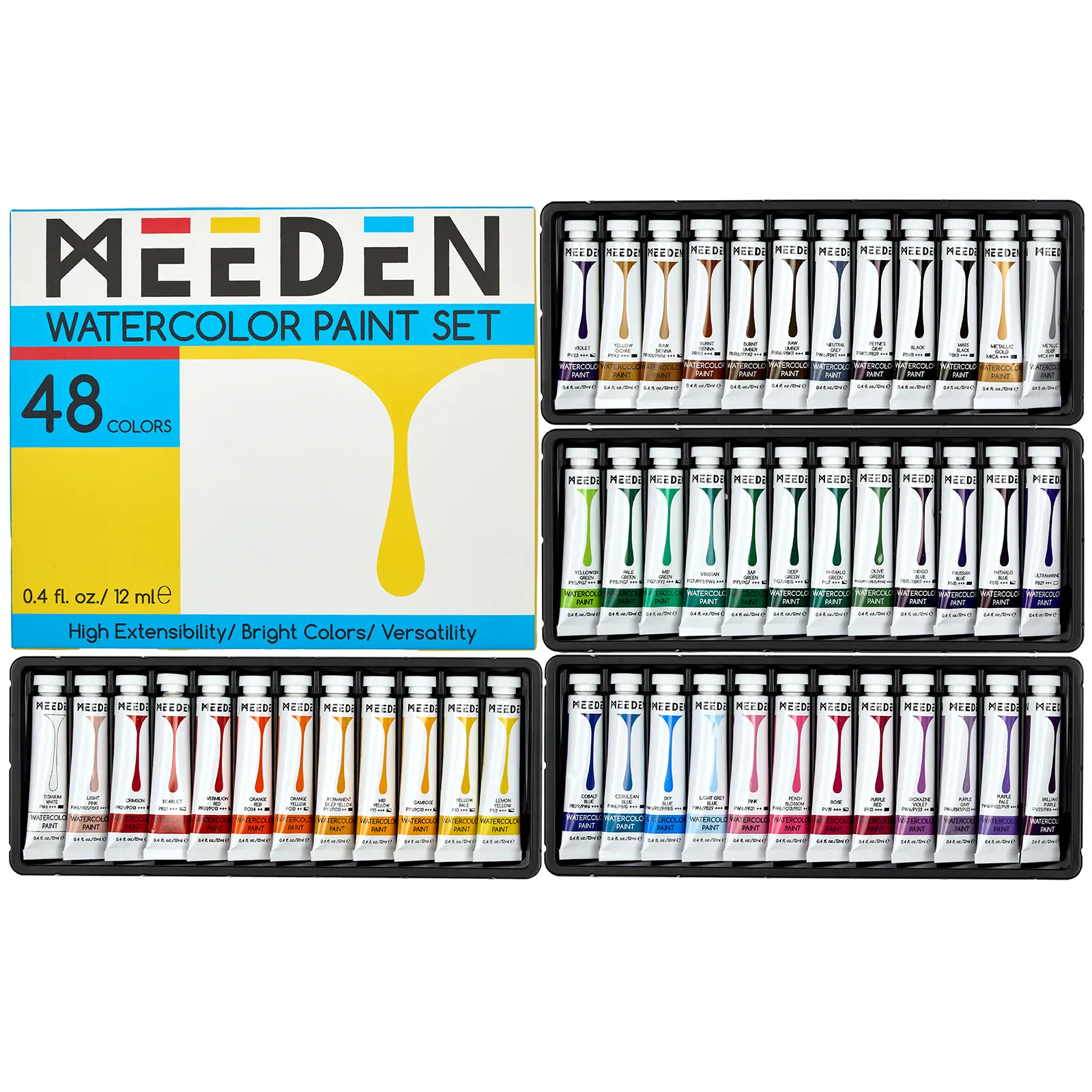 MEEDEN Watercolor Paint Set - 12/24/48 Colors x 12ml/0.4oz Art School Supplies, Arts Crafts Stationery, DIY Color Painting Supplies for Artists & Kids