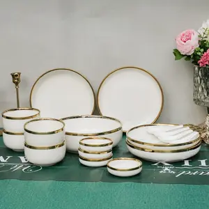 Soup Plates and Bowls Sets, Dinnerware Sets for 4, 18 Pieces Elegant Gold Dishware Dishes Set, Ceramic Kitchen Dinner Set for Daily Use Special Occasions Ceramic Dinnerware Set
