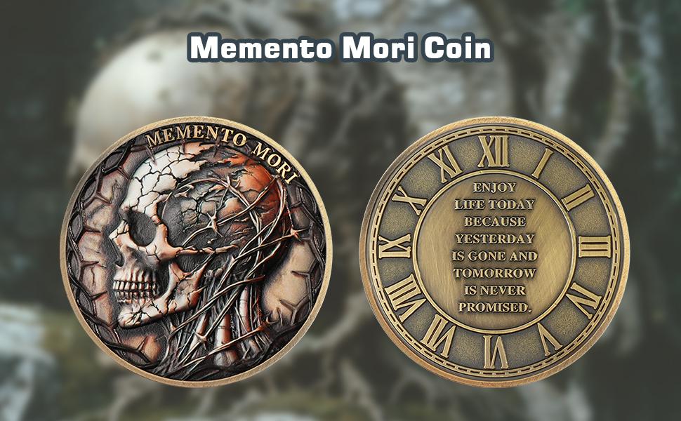 Memento Mori & Vivere Skull Coin - Antique Bronze EDC Challenge Coin with Roman Clock, Stoic Daily Pocket Reminder, Philosophy Gift for Men, Mindfulness Keepsake with Capsule