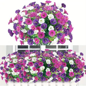 Simulation Petunia outdoor wind and rain resistant artificial plants in bright purple, pink, white, and green, high-quality plastic for balcony and terrace flower boxes, wedding decoration, low-maintenance and low-cost artificial flowers, home and garden